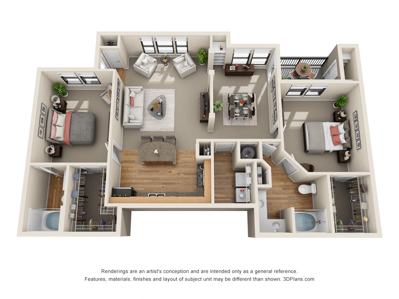 Floor plan for 2 beds, 2 baths, 1311 sqft